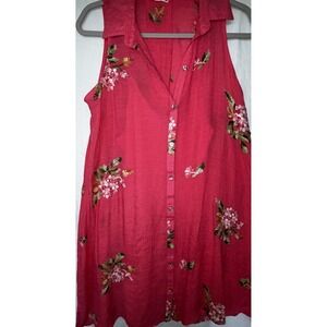 Hope Springs M Red Gauze Cotton Sundress Embroider Floral Midi Button Up Front